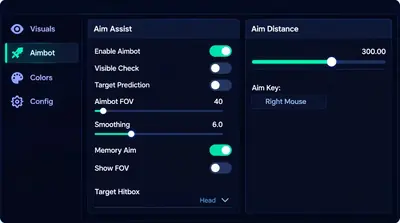 Dark overlay menu on the aim assist tab with enable aimbot, FOV and smoothing sliders, memory aim toggle, and head hitbox dropdown.
