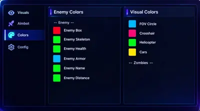 Dark overlay menu on the colors tab listing enemy box, skeleton, health, armor, and name swatches plus FOV circle and crosshair colors.