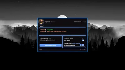 UEFI settings view with a persistent spoof toggle, GPU and ethernet switches, and a seed input on a dark dashboard skin.